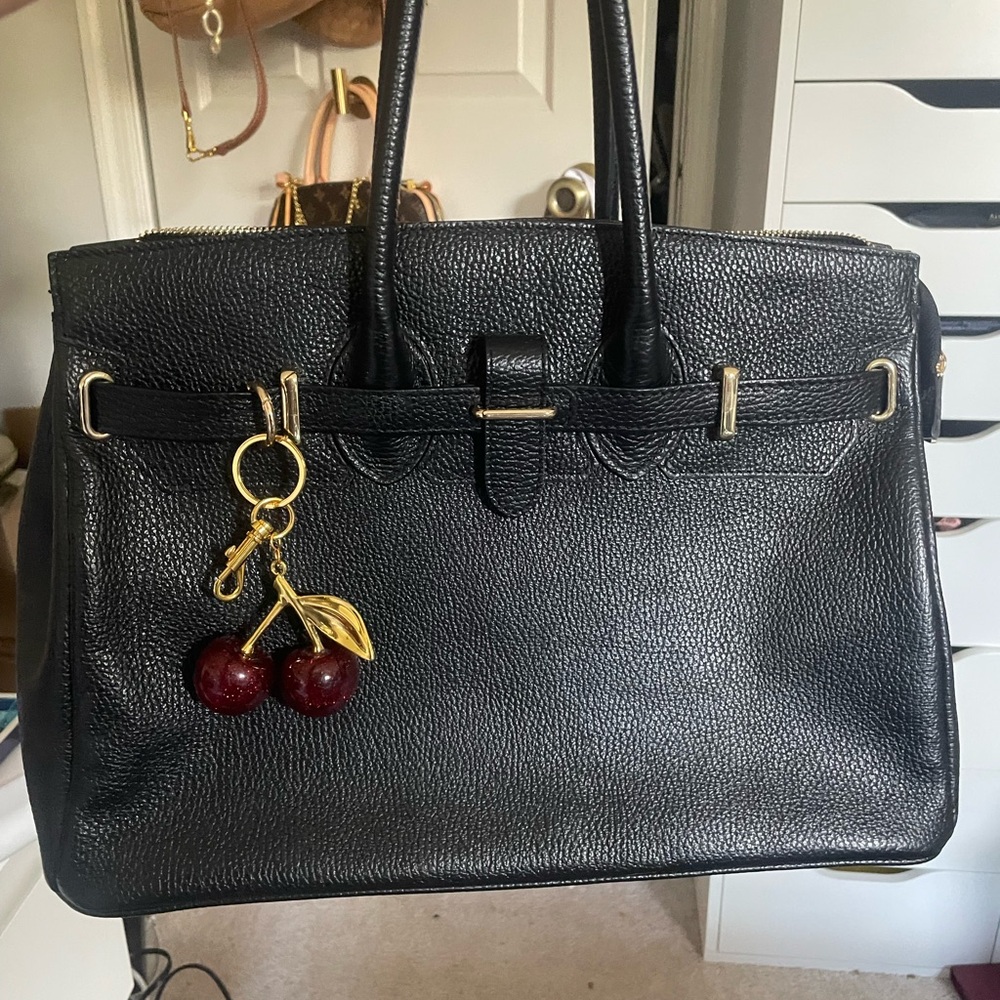 Elegant Black Genuine Leather Handbag with free cherry bag charm. Made in Italy